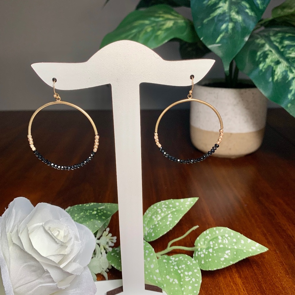Matte Gold and Black Beaded Hoop Dangle Earrings